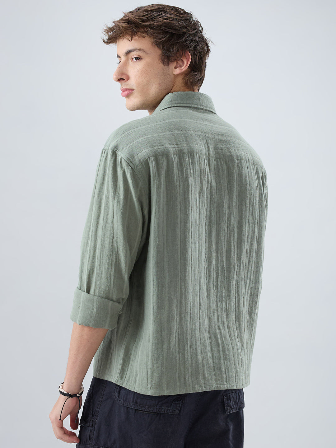 Forest Green Double Cloth Striped Boxy Fit Crop Shirt