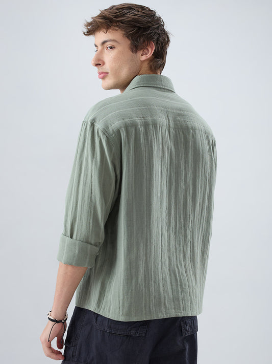 Forest Green Double Cloth Striped Boxy Fit Crop Shirt