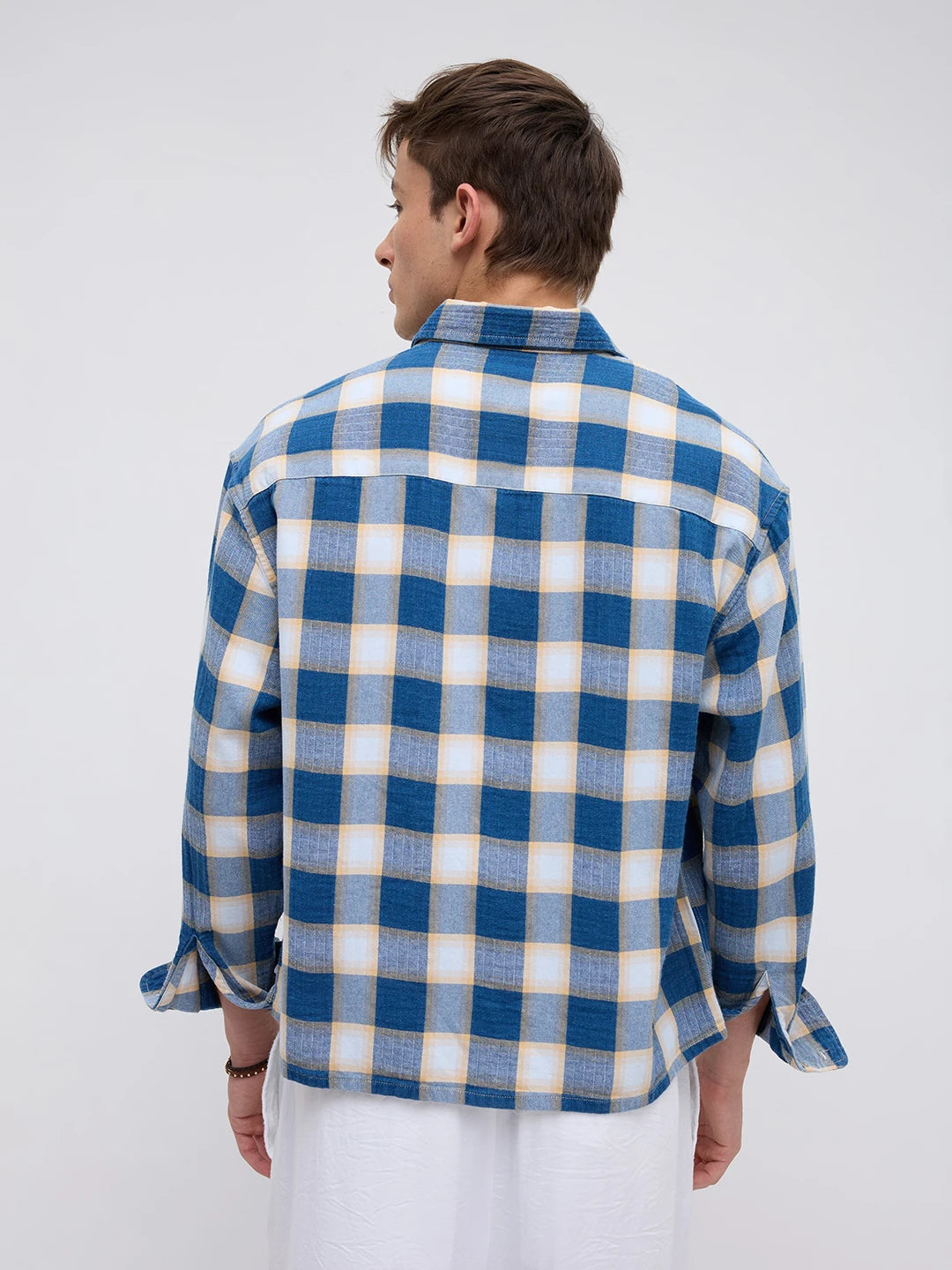Denim Blue & Beige Box Checks Boxy Fit Crop Shirt