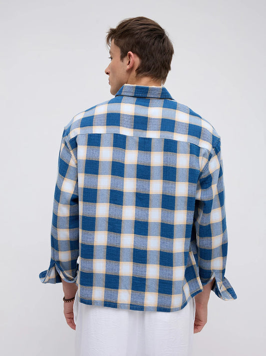 Denim Blue & Beige Box Checks Boxy Fit Crop Shirt