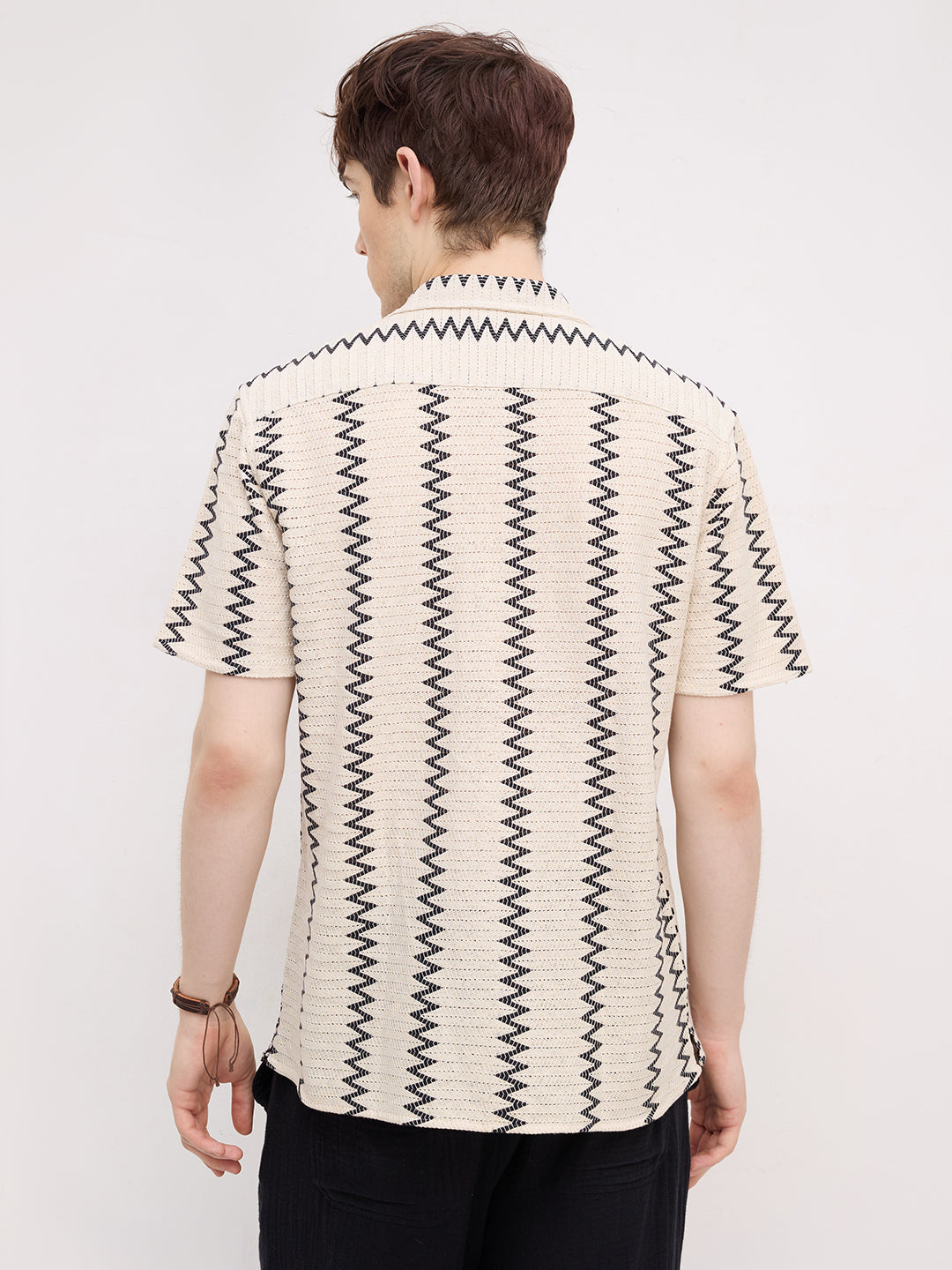 Beige & Black Chevron Striped Notch Collar Oversized Shirt