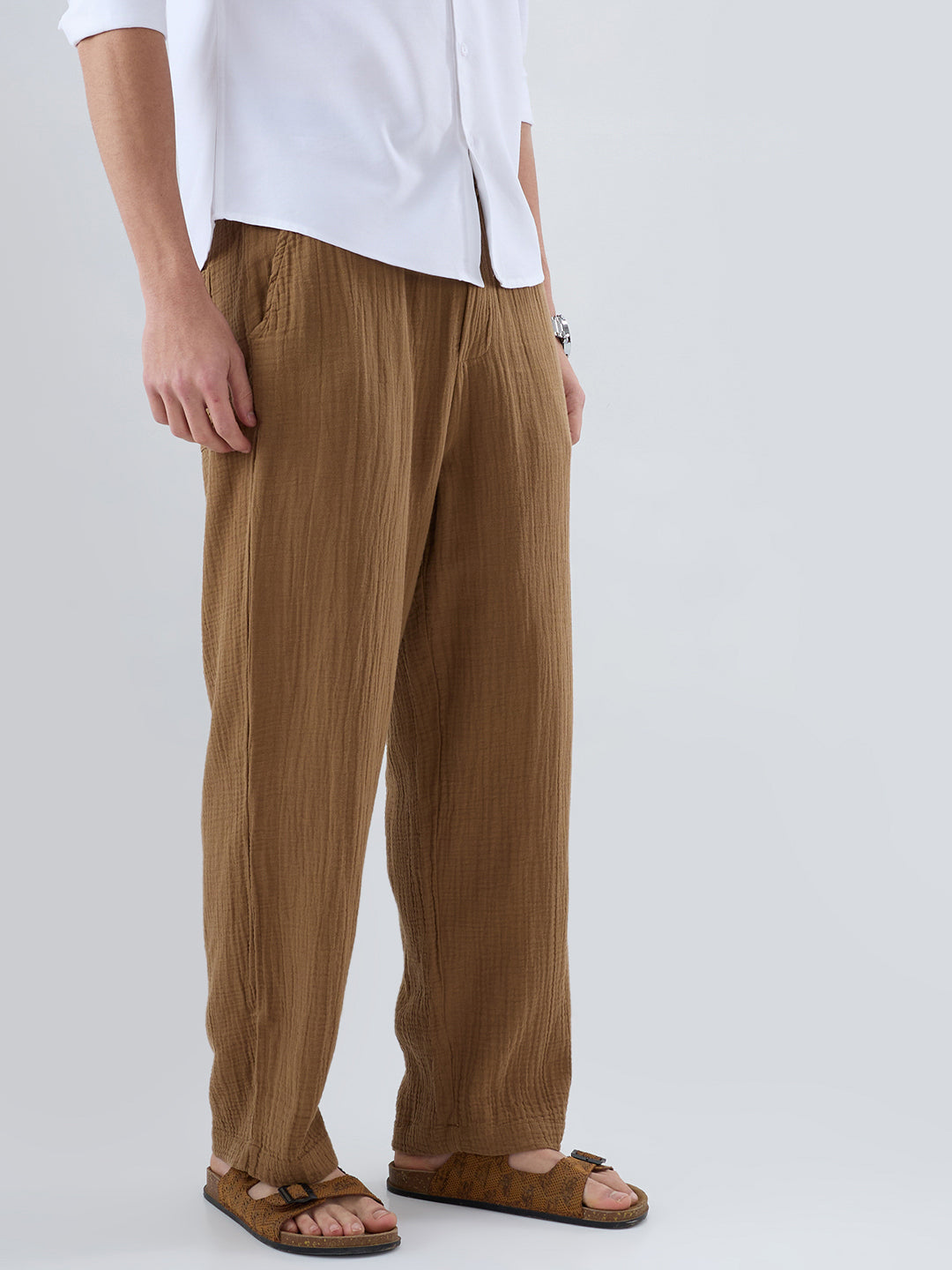 Classic Caramel Brown Double Cloth Straight-Fit Trousers