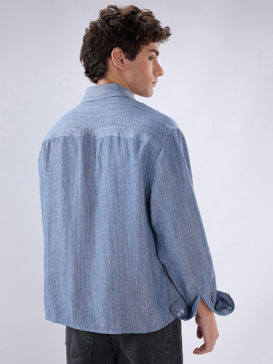 Slate Blue Textured Boxy Fit Crop Shirt