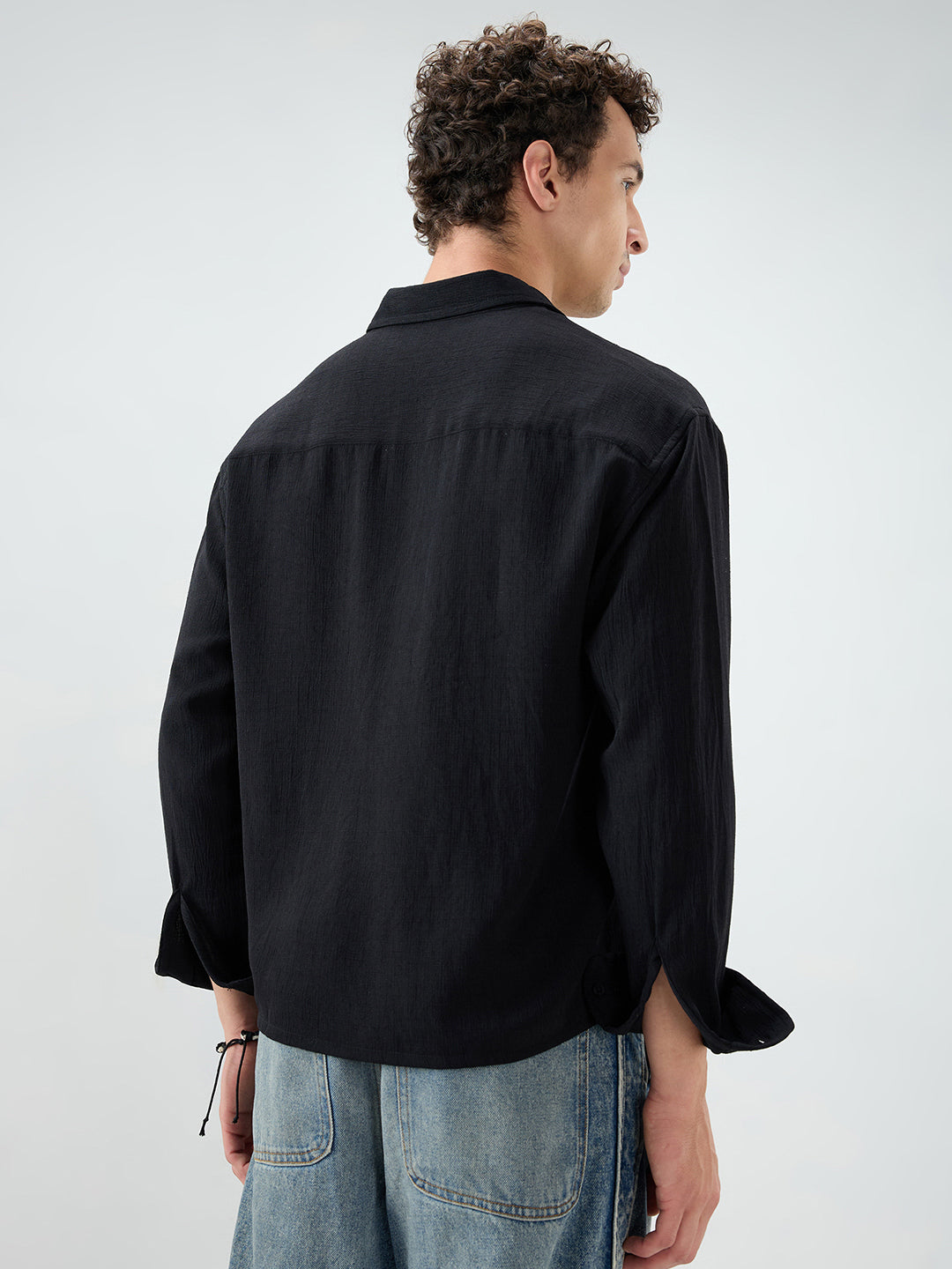 Classic Black Slub Textured Fine Weave Boxy Fit Crop Shirt