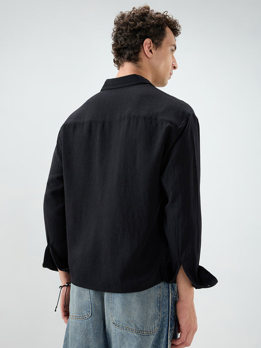 Classic Black Slub Textured Fine Weave Boxy Fit Crop Shirt