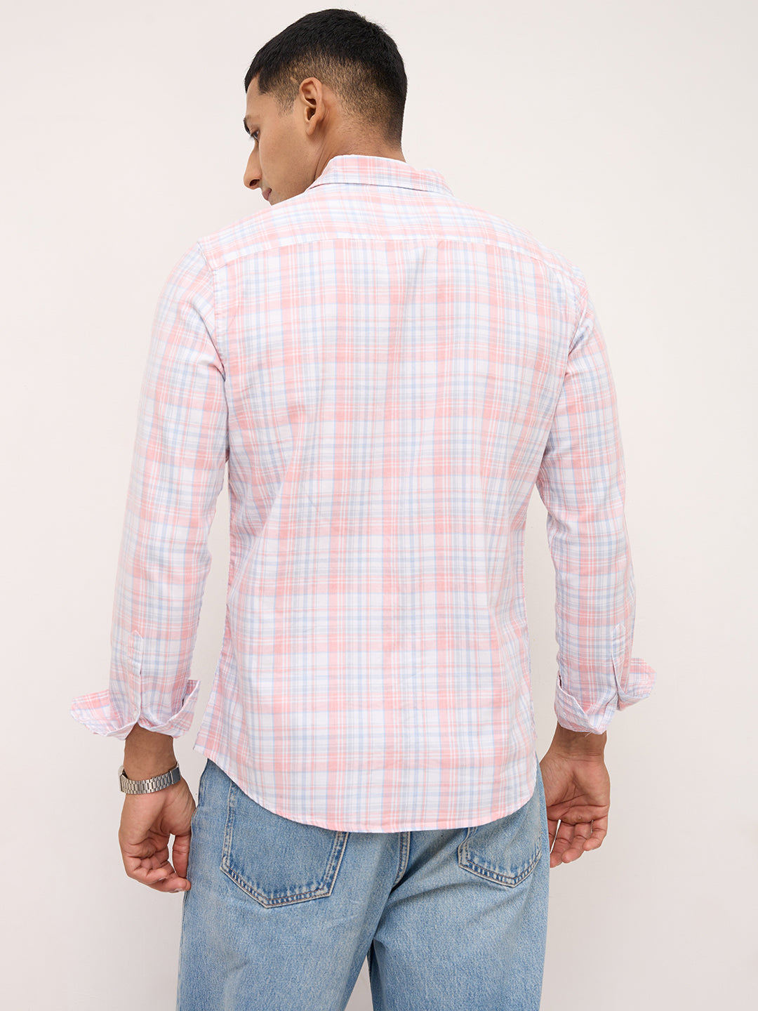 Soft Peach & Blue Pastel Grid Checks Shirt