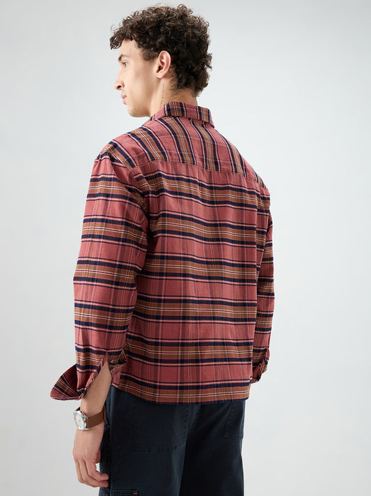 Rosewood Plaid Checks Boxy Fit Crop Cord Shirt