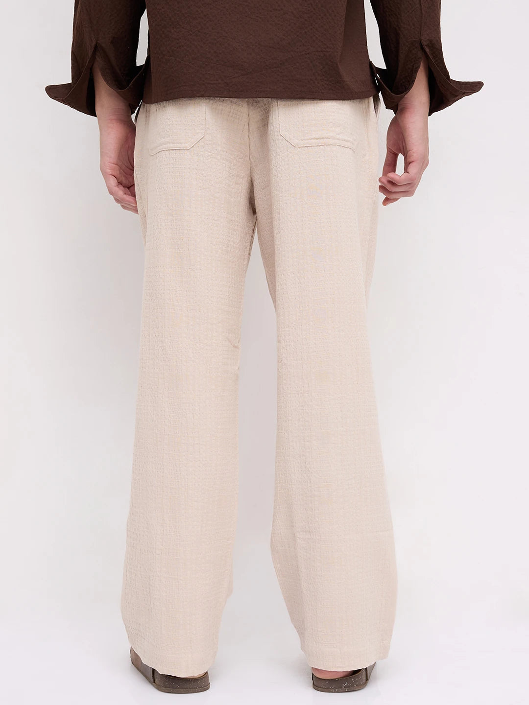 Sand Beige Double Cloth Embossed Straight Fit Trousers