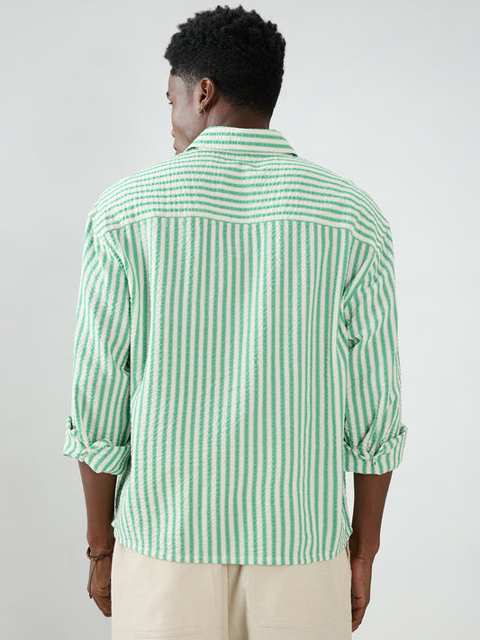 Spring Green Seersucker Candy Striped Boxy Fit Crop Shirt