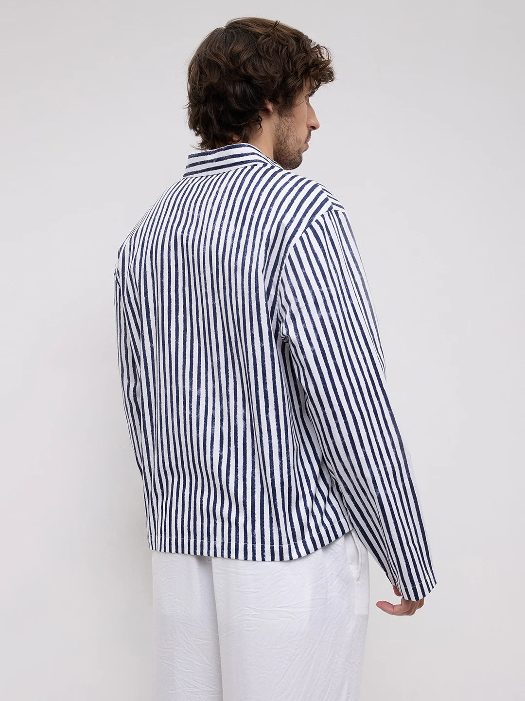 Navy Brushed Striped Weekend Escape Cuffless Oversized Shirt