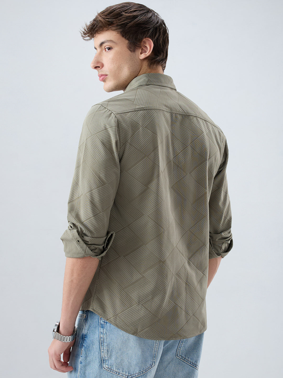 Intricate Olive Block Weave Knitted Shirt