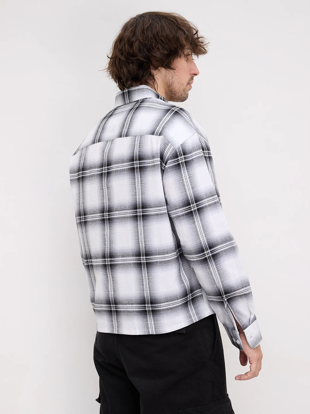 Rich Monochrome Plaid Shadow Checks Boxy Fit Crop Shirt