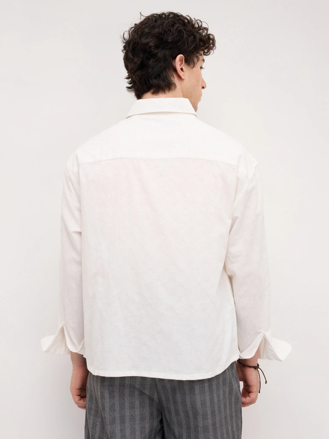 Luxe Pearl White Square Embossed Boxy Fit Crop Shirt