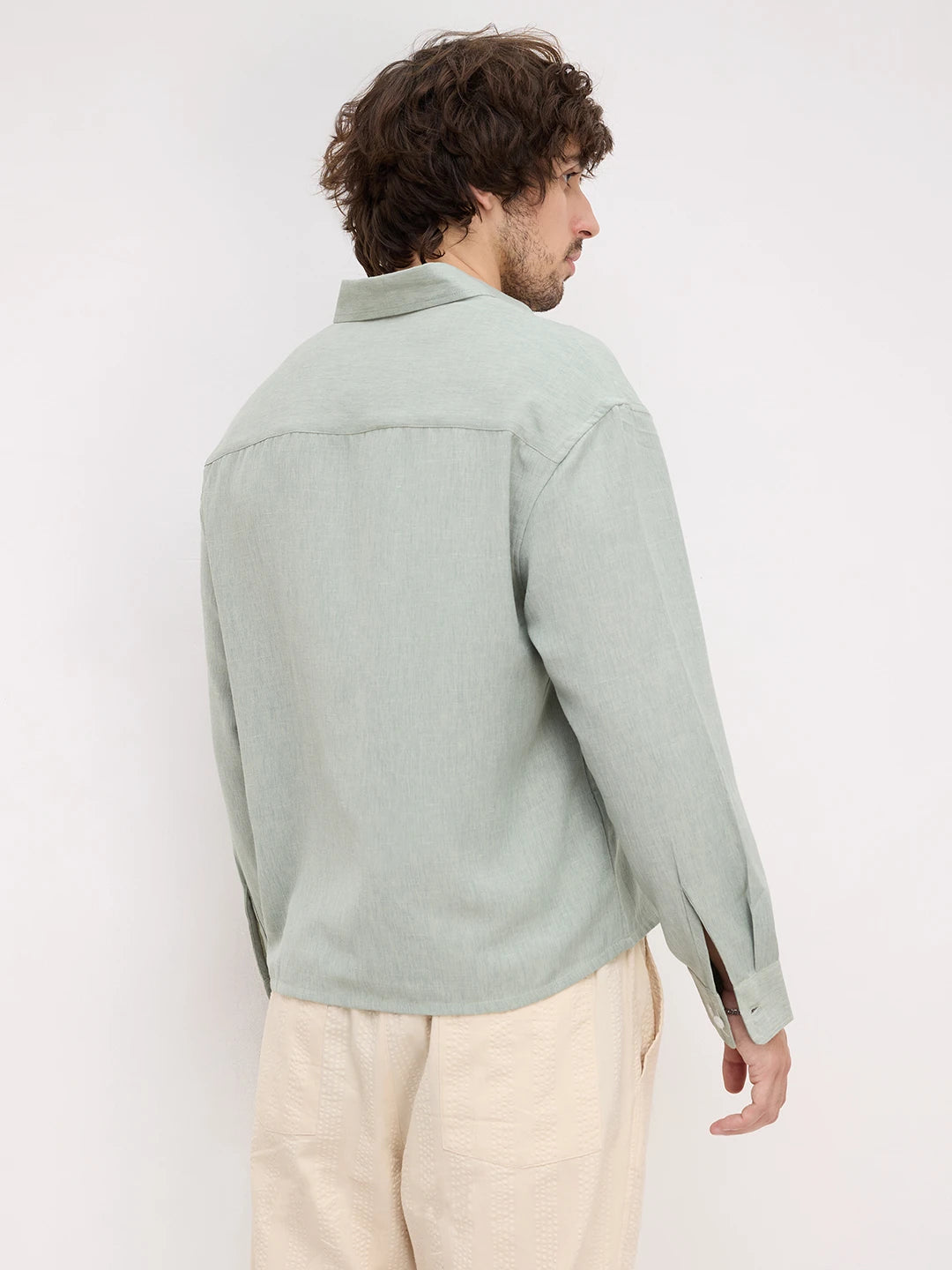 Serene Sage Green Finegrain Weave Boxy Fit Crop Shirt