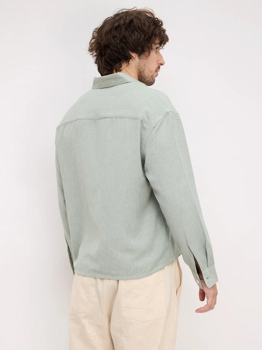 Serene Sage Green Finegrain Weave Boxy Fit Crop Shirt