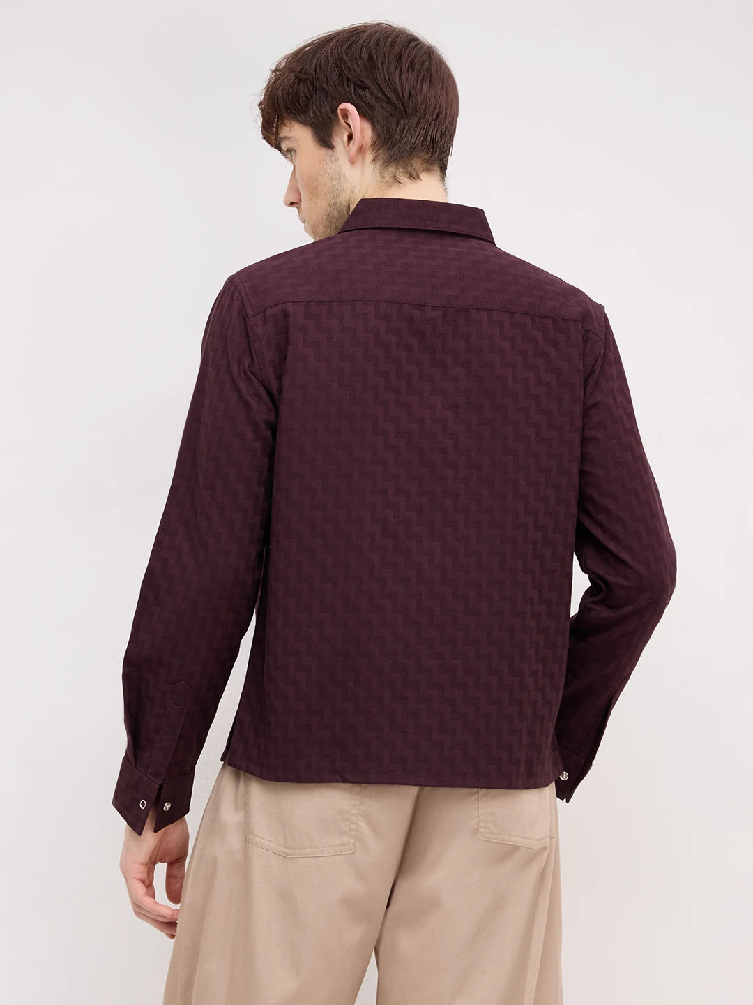Rich Wine Maze Textured Straight Hem Crop Shirt