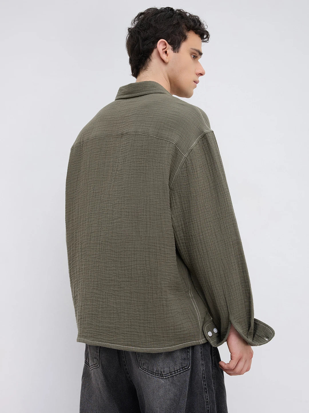 Muted Olive Contrast Stitch Double Cloth Boxy Fit Crop Shirt