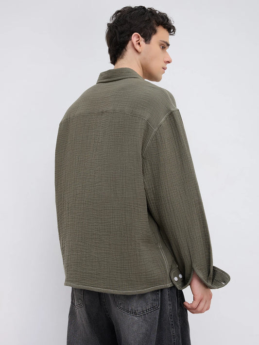 Muted Olive Contrast Stitch Double Cloth Boxy Fit Crop Shirt