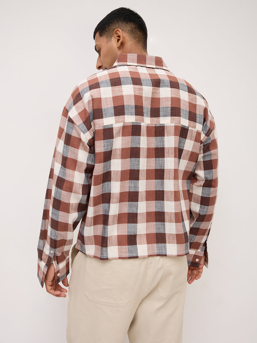 Elevated Maroon Block Checks Twin Pocket Boxy Fit Crop Shirt