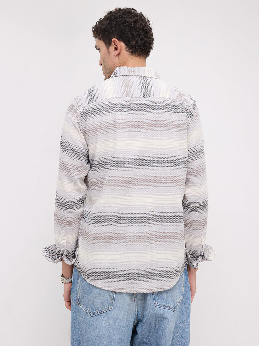 Grey Jacquard Wave Pattern Striped Shirt