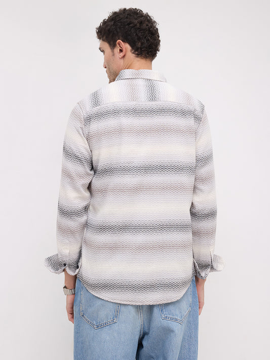 Grey Jacquard Wave Pattern Striped Shirt