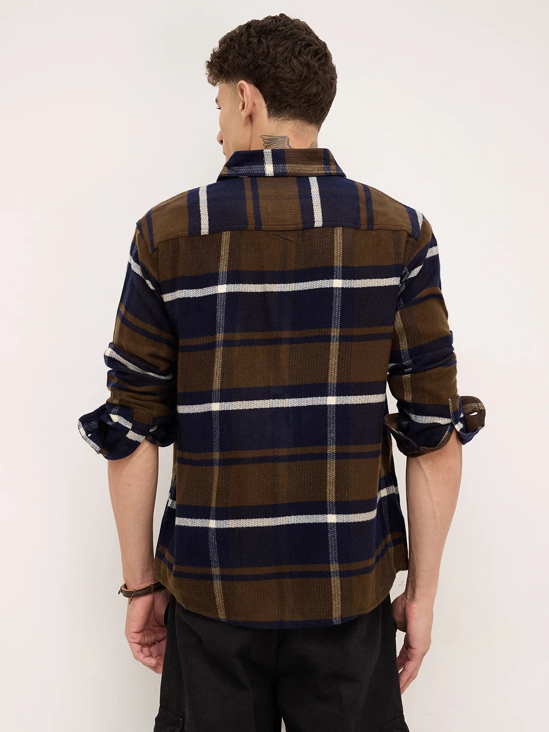 Walnut Brown & Navy Plaid Checks Double Pocket Flannel Shirt