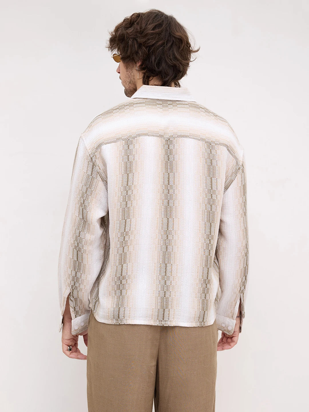 Beige & Olive Interlock Loom Striped Boxy Fit Crop Shirt