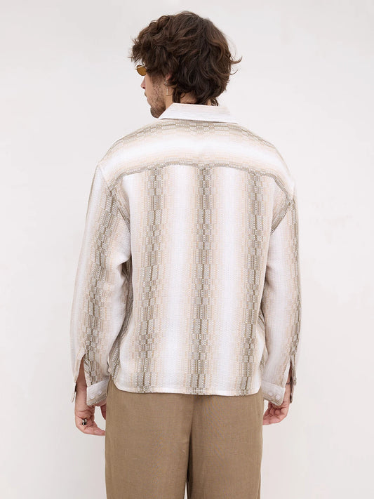 Beige & Olive Interlock Loom Striped Boxy Fit Crop Shirt