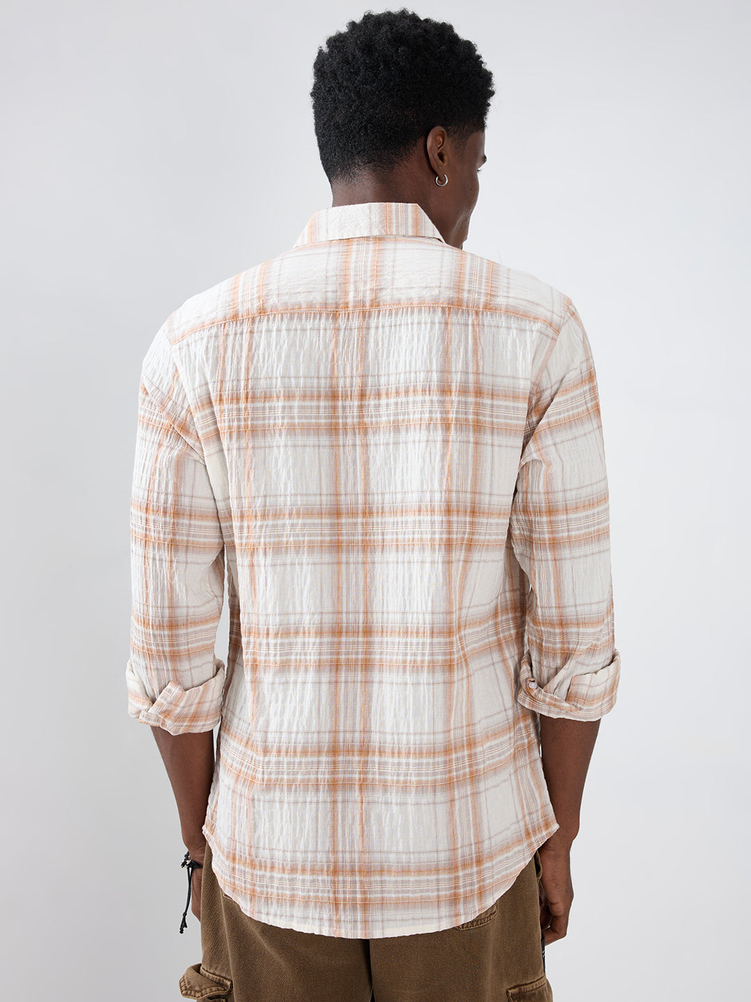 White & Brown Plaid Checks Crinkled Shirt