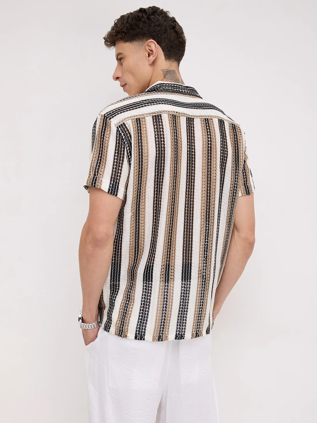White Boho Weave Striped Crochet Shirt