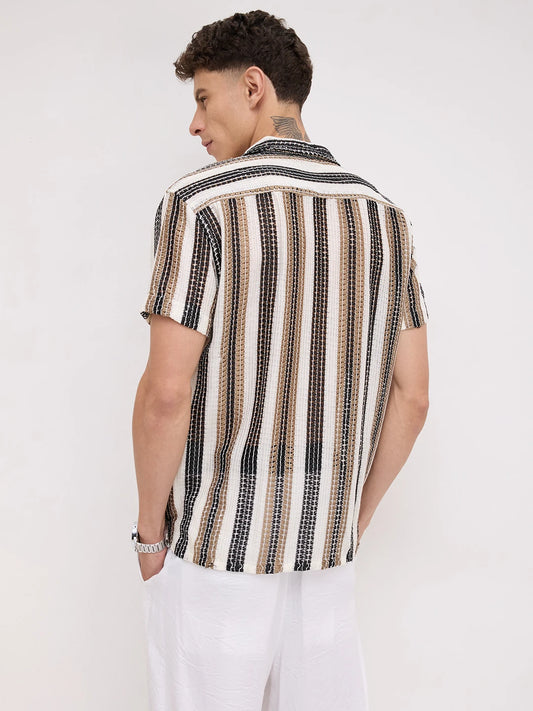 White Boho Weave Striped Crochet Shirt