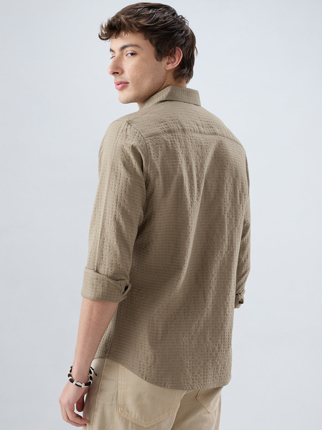 Soft Olive Box Textured Weave Double Cloth Shirt
