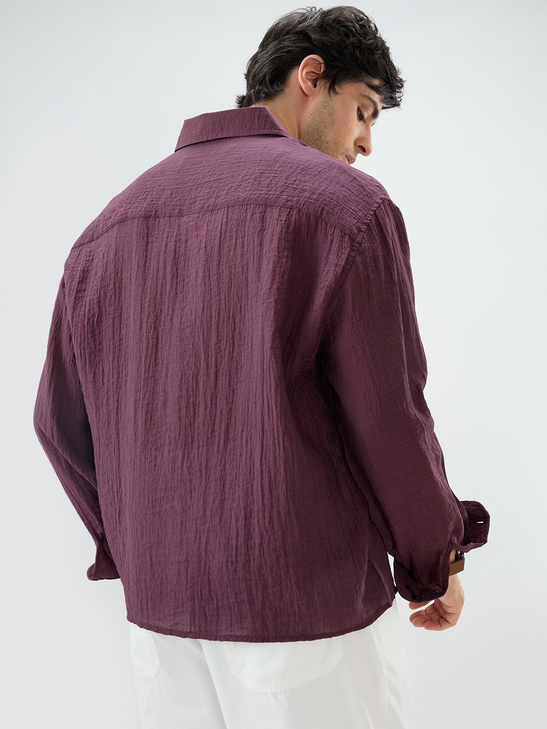 Solid Wine Sheer Crepe Boxy Fit Crop Shirt