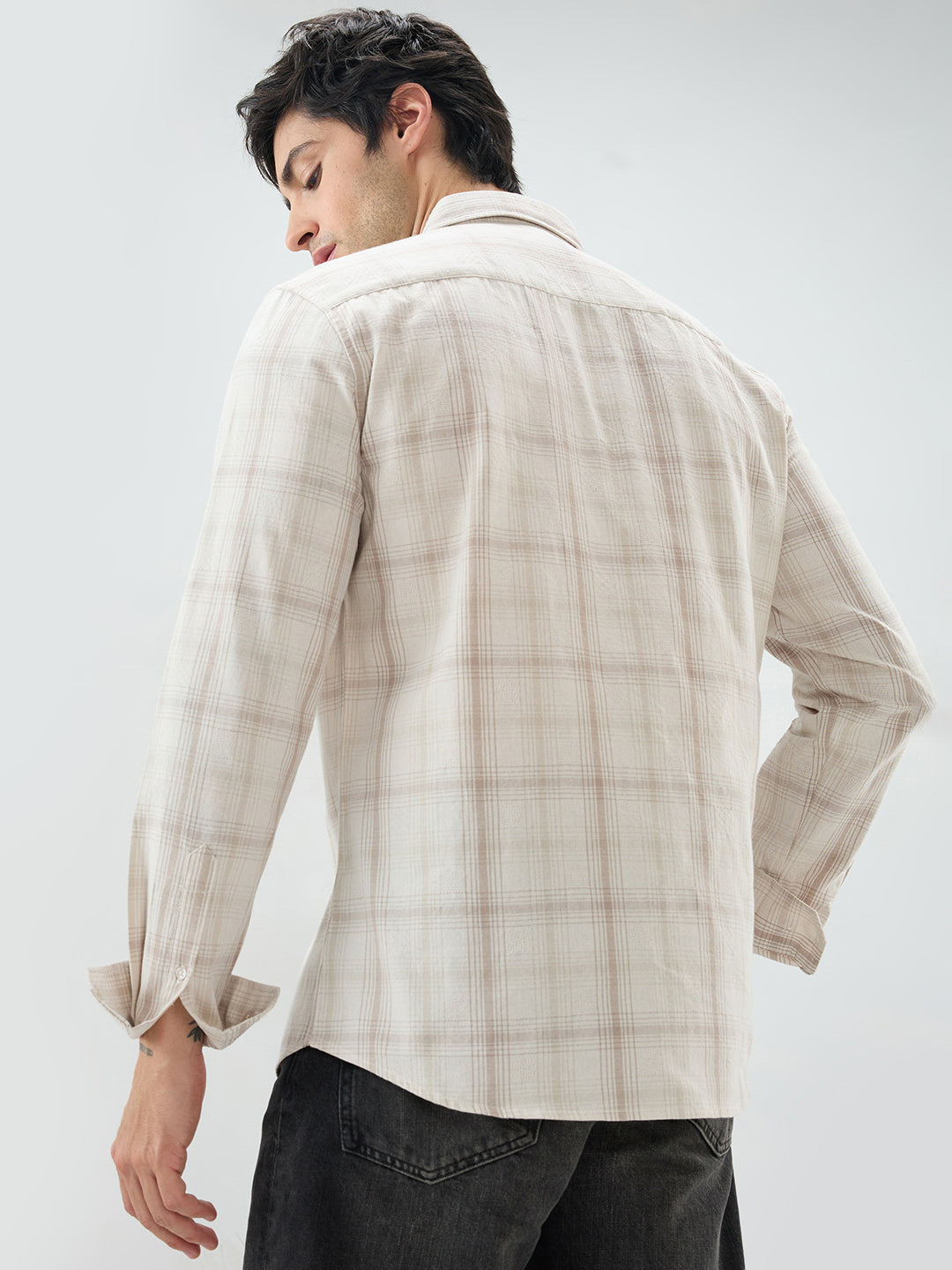 Timeless Sand Beige Plaid Checks Textured Shirt