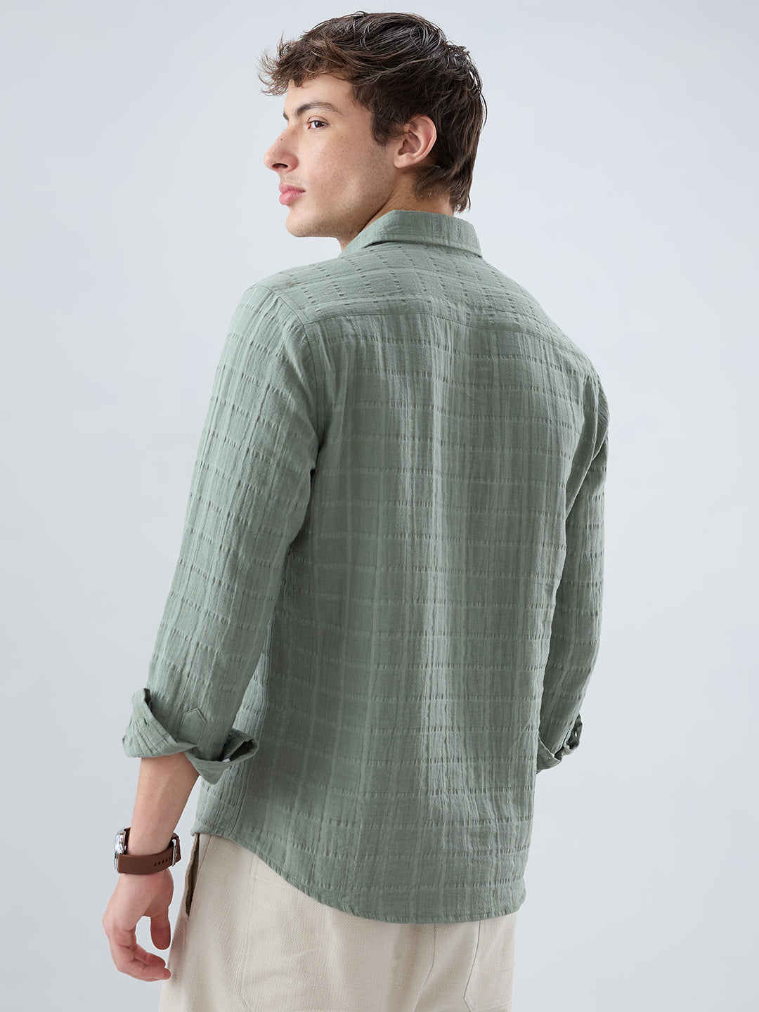 Sage Green Box Weave Double Cloth Seersucker Shirt