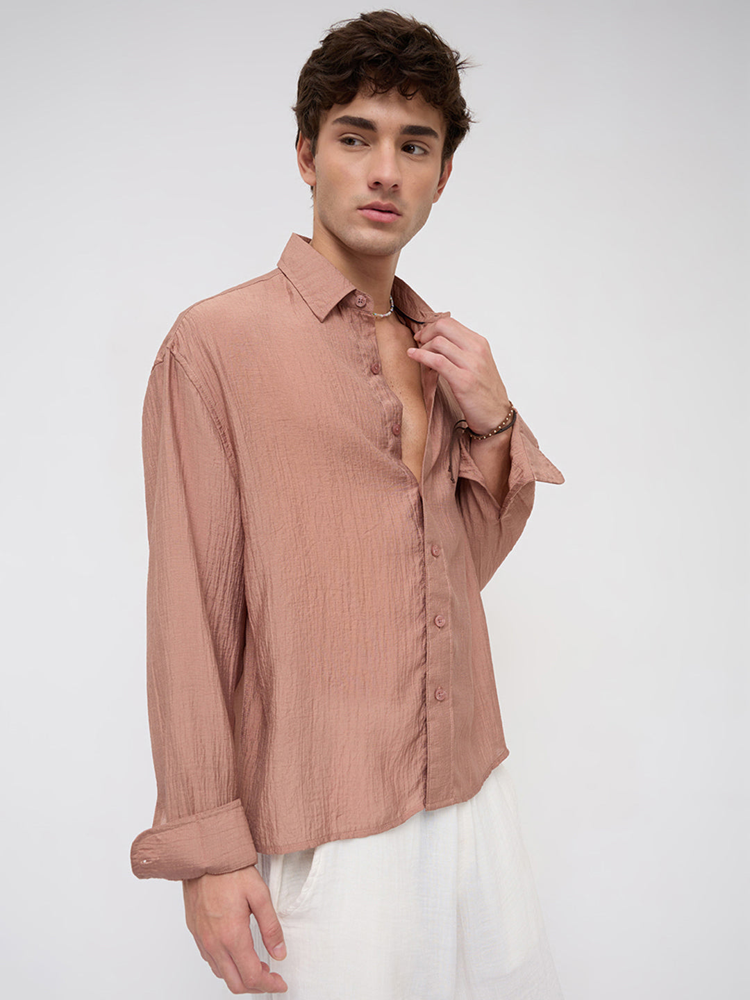 Burnt Clay Sheen Crinkled Boxy Fit Crop Shirt