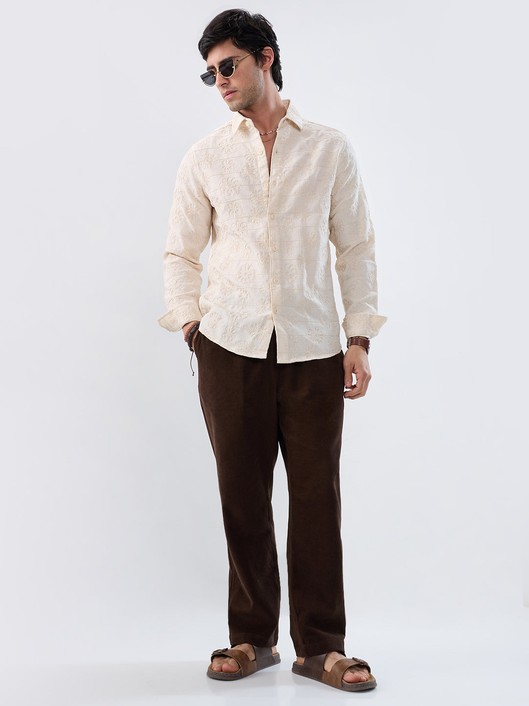 Serene Whispering Bloom Beige Embroidered Shirt