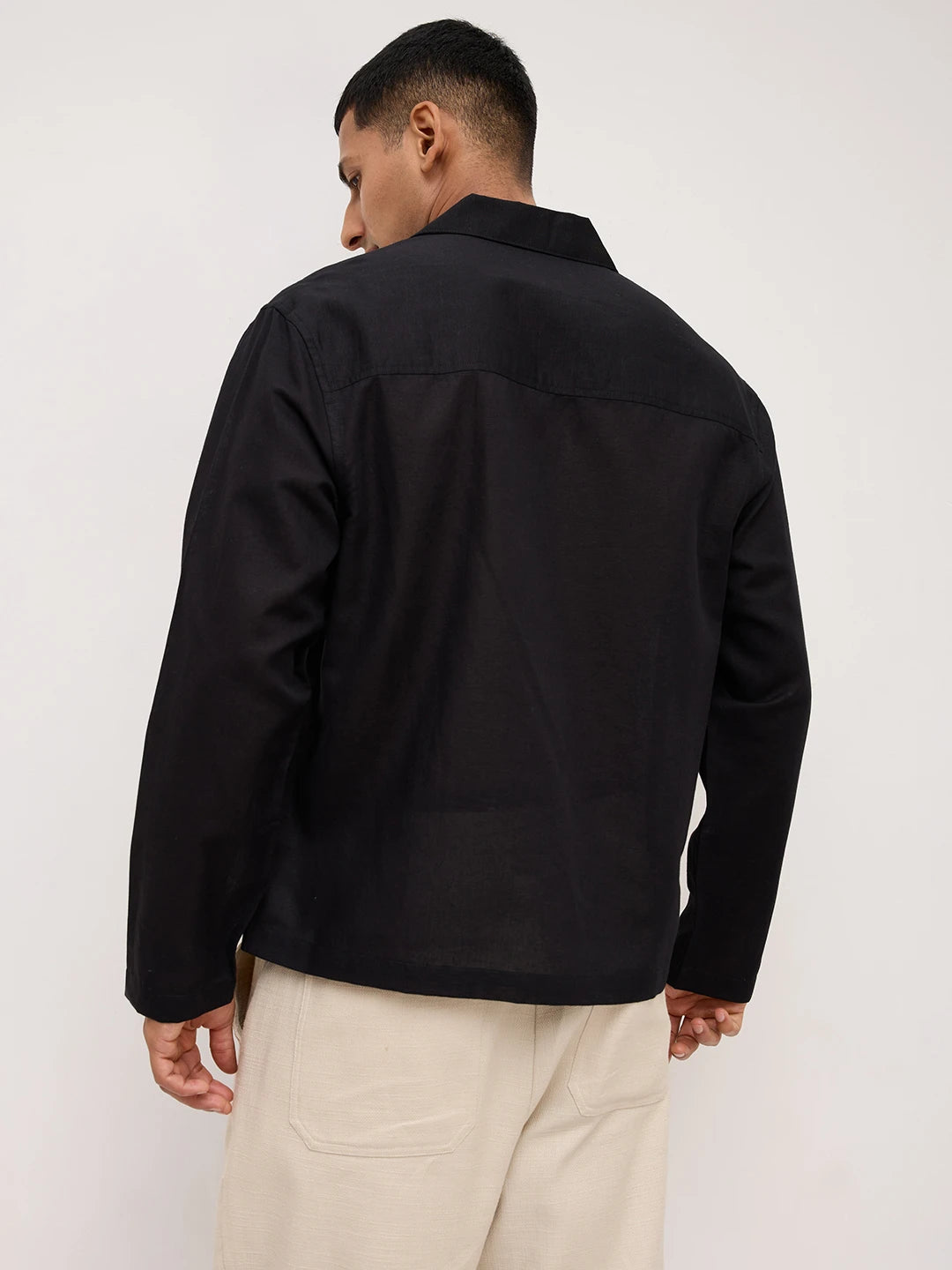Luxe Black Linen Blend Notch Collar Oversized Shirt