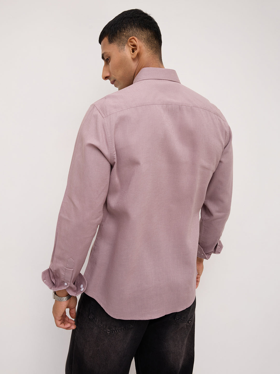 Luxe French Lilac Button-Down Collar Linen Blend Shirt