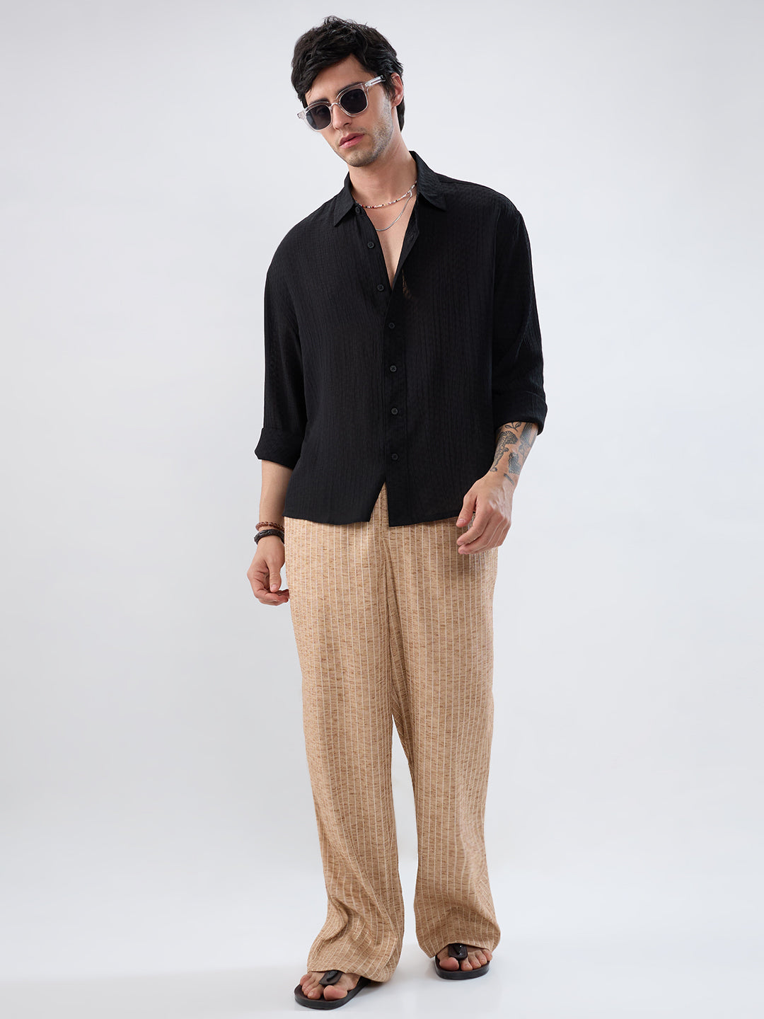 Beige Pinstripe Wide-Leg Trousers