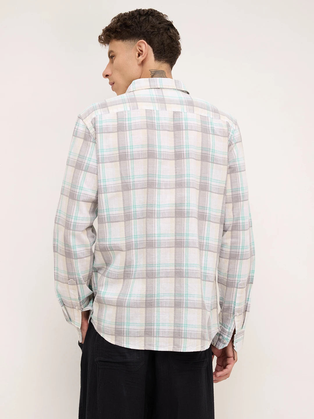 Premium Pastel Green & Grey Plaid Checks Textured Shirt
