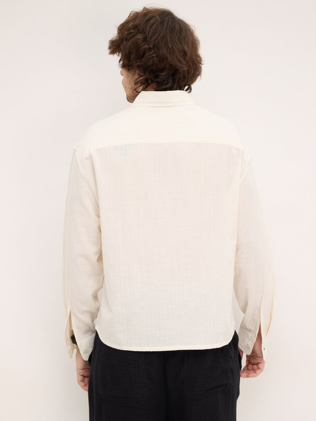 Spanish Cream Fine Striped Textured Boxy Fit Crop Shirt
