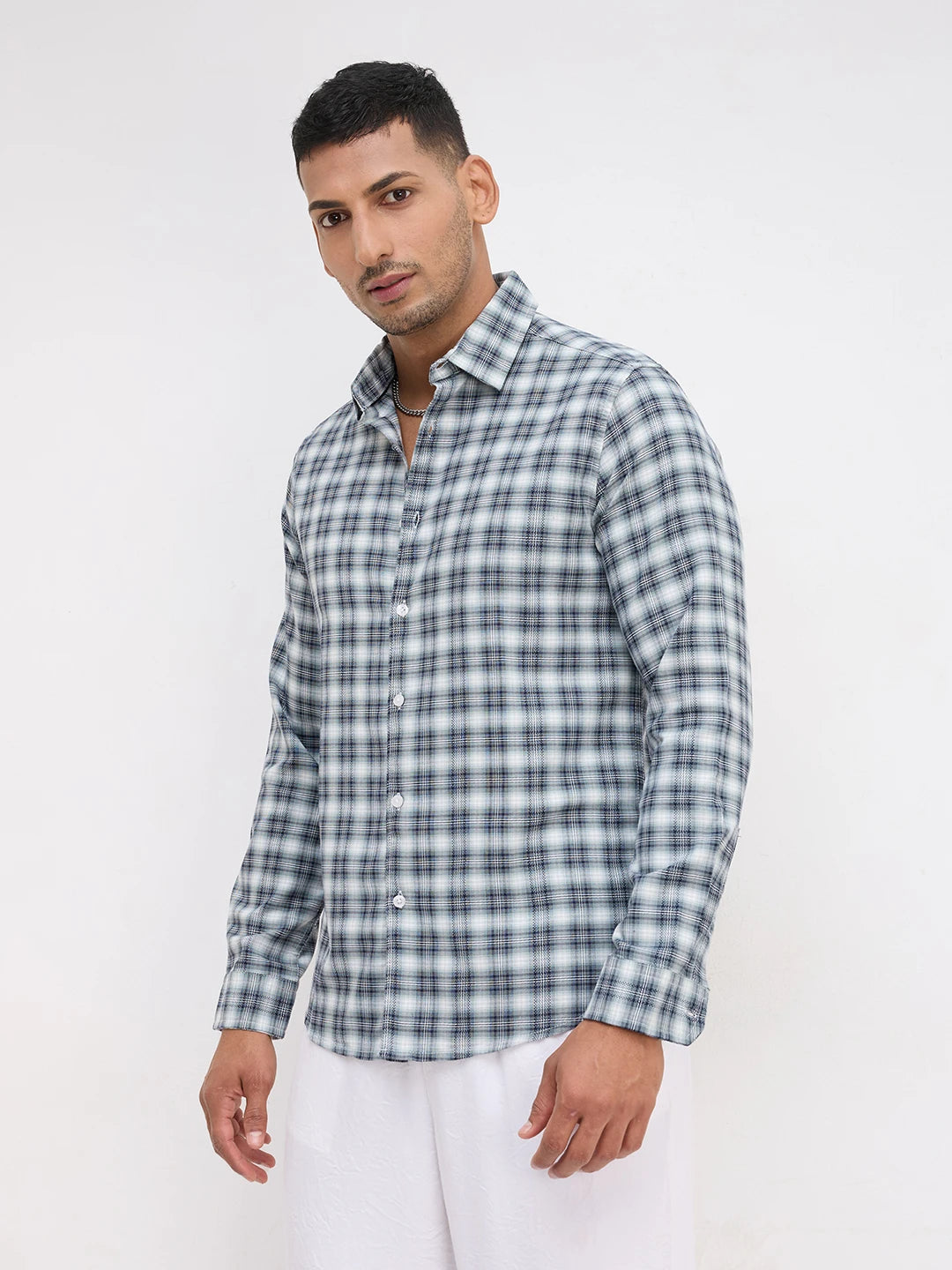 Green & Navy Refined Crossweave Checked Shirt
