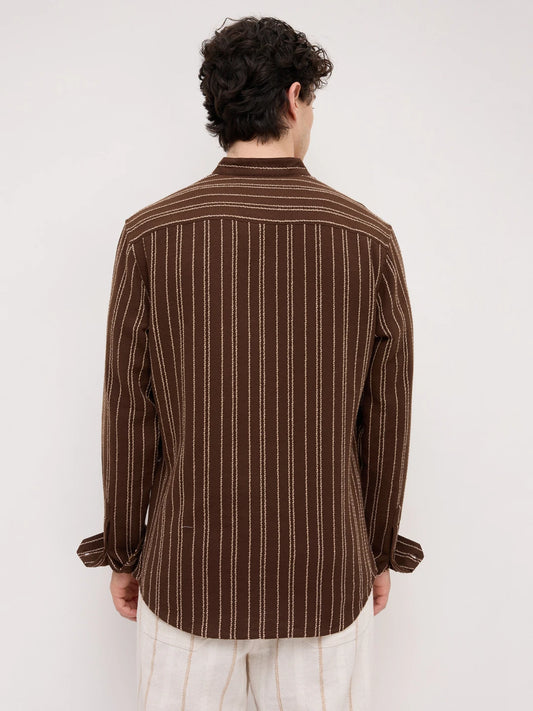 Brown & Beige Embroidered Striped Mandarin Shirt