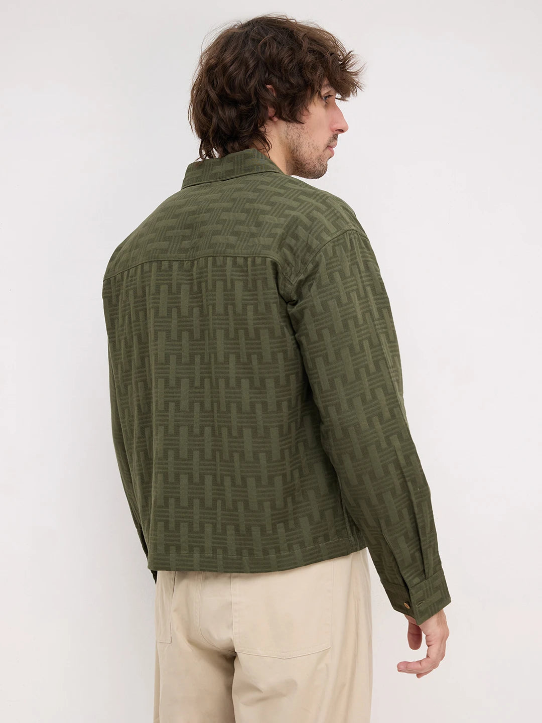 Contemporary Olive Architectural Weave Loop Button Oversized Shirt