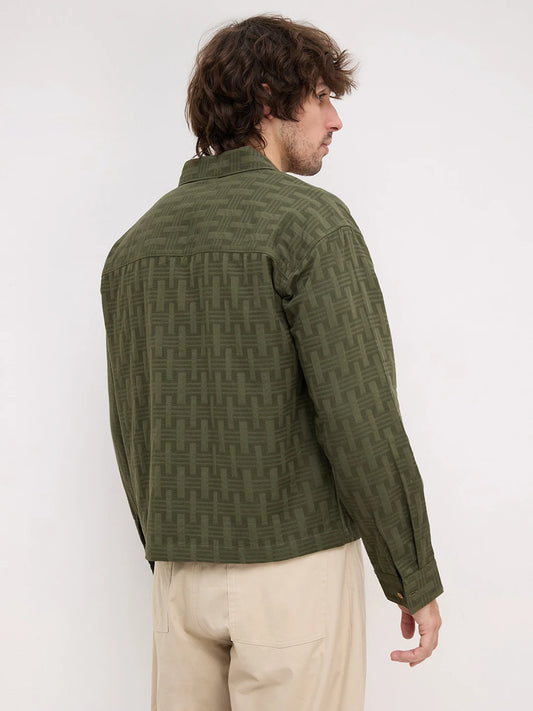 Contemporary Olive Architectural Weave Loop Button Oversized Shirt