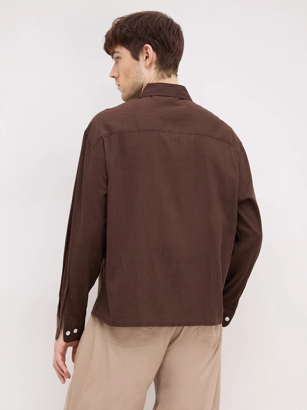 Refined Luxe Brown Boxy Fit Crop Shirt
