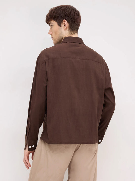 Refined Luxe Brown Boxy Fit Crop Shirt