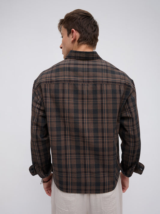 Vintage Roast Brown Fine Checks Boxy Fit Crop Shirt