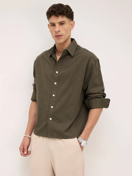 Refined Olive Micro Square Textured Boxy Fit Crop Shirt